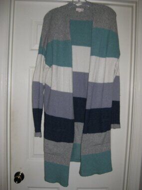 SO Open Front Long Cardigan Size XL in Blues/Gray/Cream